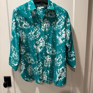 Chicos, no-iron teal and white 3/4 sleeve blouse, size 2